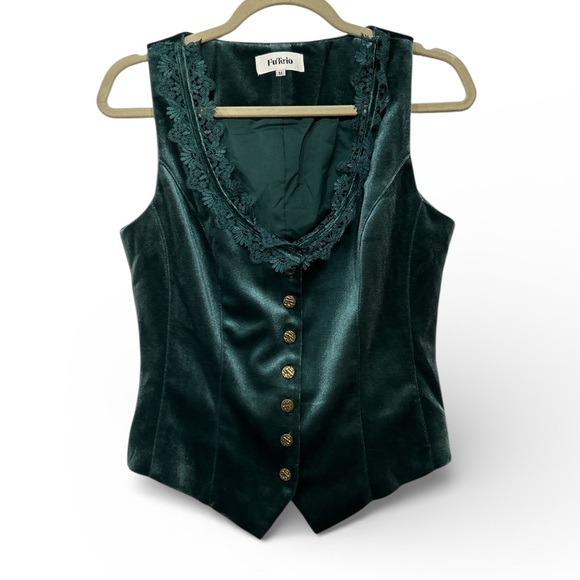 Emerald Green Velvet Victorian Lace Fitted Y2K Vest Waist Coat Boho Gypsy M - Picture 8 of 8